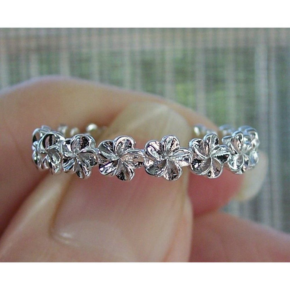 Hawaiian Plumeria Flower Eternity Band Ring 4.2 mm 925 Sterling Silver - Picture 10 of 16